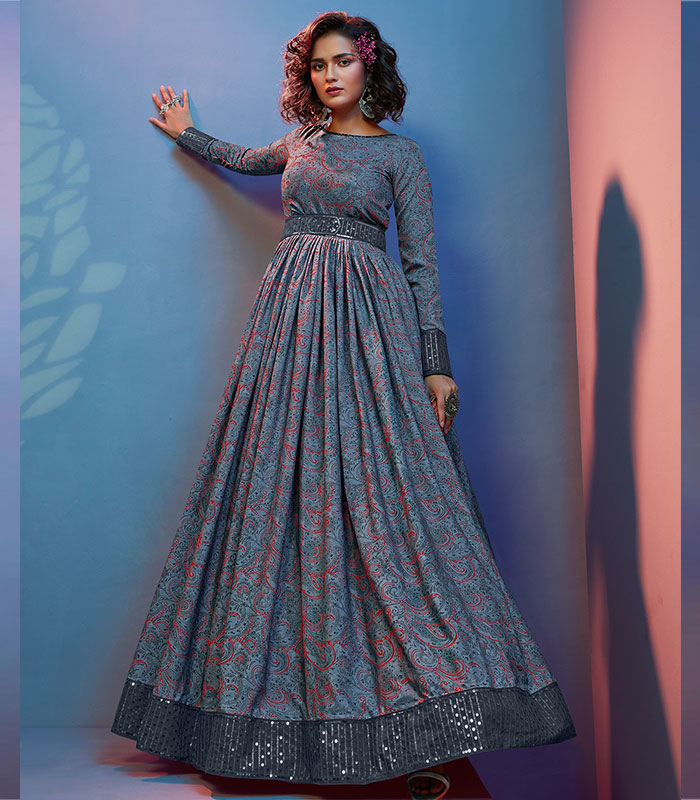 Grey Natural Crepe Print With Sequence Embroidered Work Gown