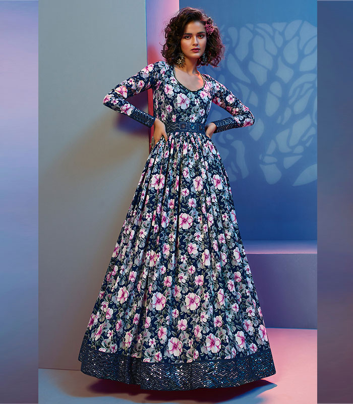 Blue Natural Crepe Print With Sequence Embroidered Work Gown