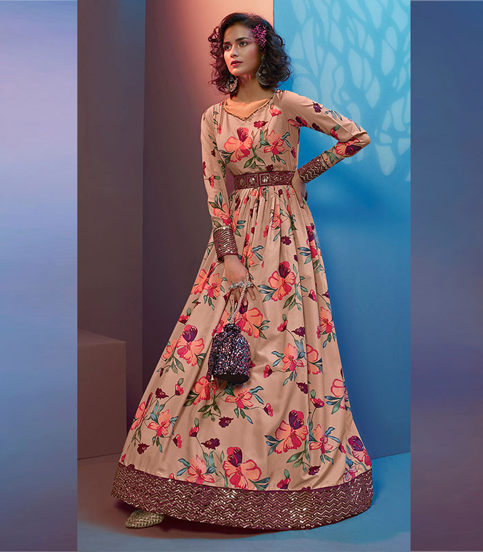 Peach Natural Crepe Print With Sequince Embroidered Work Gown