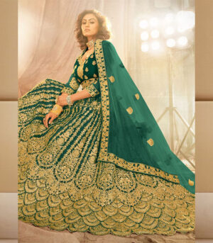 Dark Green Net Heavy Designer Bridal Lehenga