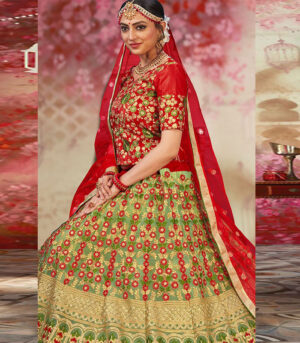 Green Embroidered Net Bridal Lehenga Choli With Dupatta