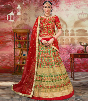 Green Embroidered Net Bridal Lehenga Choli With Dupatta
