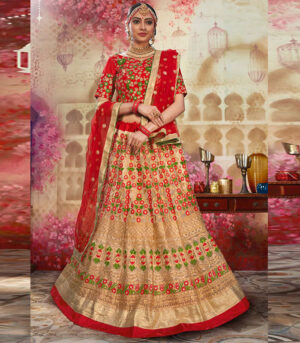 Beige Embroidered Net Bridal Lehenga Choli With Dupatta