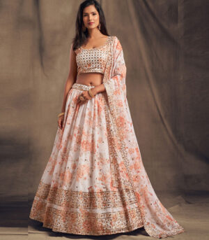 White Zari And Sequins Embroidered Organza Semi Stitched Lehenga