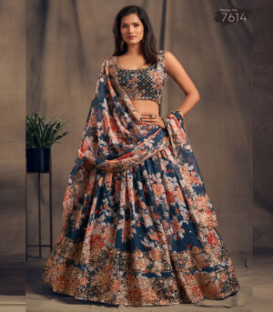 Blue Zari And Sequins Embroidered Organza Semi Stitched Lehenga