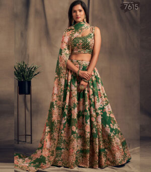 Green Zari And Sequins Embroidered Organza Semi Stitched Lehenga