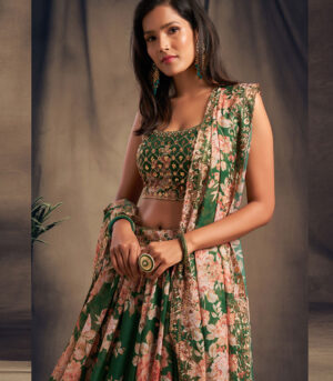 Green Zari And Sequins Embroidered Organza Semi Stitched Lehenga