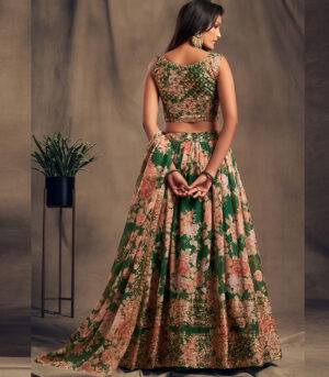 Green Zari And Sequins Embroidered Organza Semi Stitched Lehenga