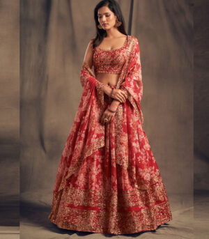 Red Zari And Sequins Embroidered Organza Semi Stitched Lehenga