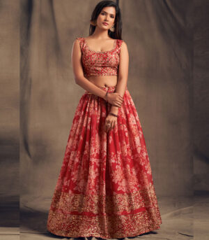 Red Zari And Sequins Embroidered Organza Semi Stitched Lehenga