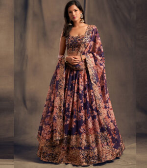 Purple Zari And Sequins Embroidered Organza Semi Stitched Lehenga