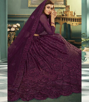 Wine Embroidered Wedding Lehenga Choli