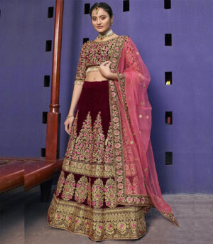 Dark Maroon Velvet Bridal Wear Lehenga