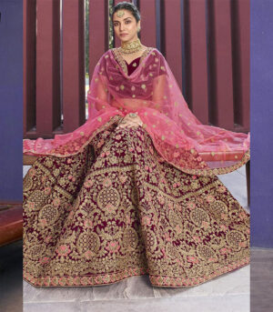Dark Maroon Velvet Bridal Wear Lehenga