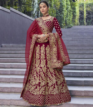 Dark Maroon Velvet Bridal Wear Lehenga