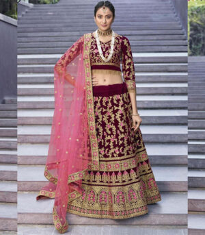 Dark Maroon Velvet Bridal Wear Lehenga