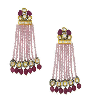 Lush Kundan Polki And Onyx Drop Earrings With Beautiful Soft Pink Agate Bead Danglers