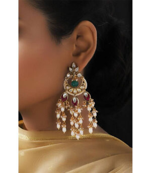 Ethnic Red Green And White Chandbali Danglers