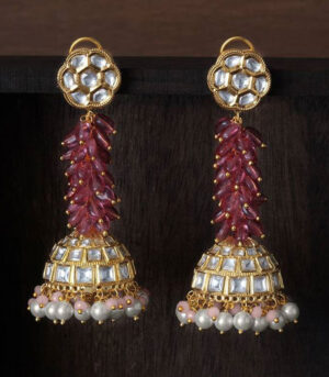 Ethnic Pink Jade Gold And Off White Latkan Jhumaka