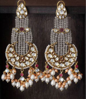 Traditional Grey And Red Dangler Chandbali