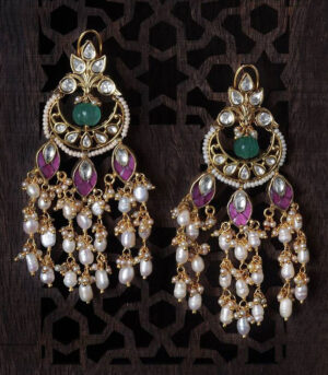 Ethnic Red Green And White Chandbali Danglers