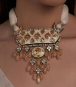 Meenakari Off White Orange Necklace With Jade Drops