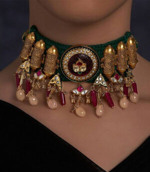 Antique Gold Plated Chocker Necklace With Jade Drops