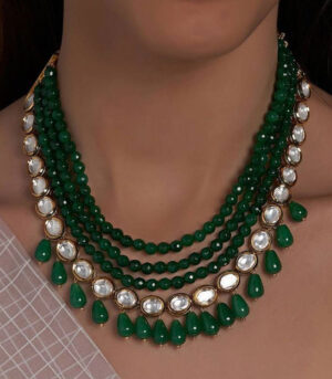 Green Agate Beads Necklace With Onyx Drops