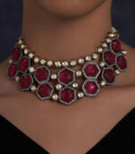 Pink Colored Hexagon Carved Stones Necklace