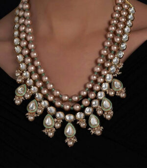 Hydro Kundan Polki Brown Green Necklace With Shell Pearls