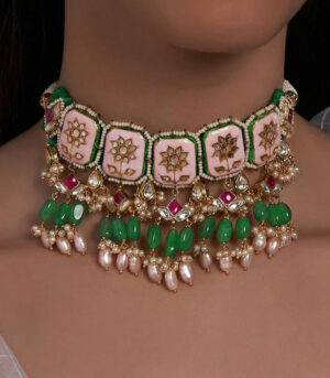 Meenakari Pink And Green Fresh Water Pearls Necklace
