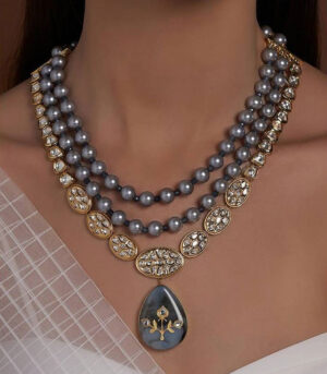 Hydro Kundan Polki Grey Necklace With Shell Pearls