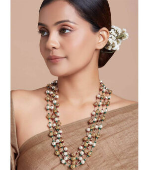 Gold Zari Threaded Necklace With Antique Beads And Shell Pearls