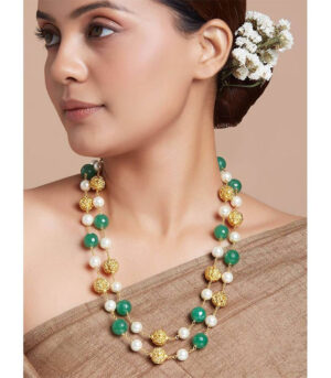 Gold Zari Threaded Necklace With Green Agate Beads And Shell Pearls
