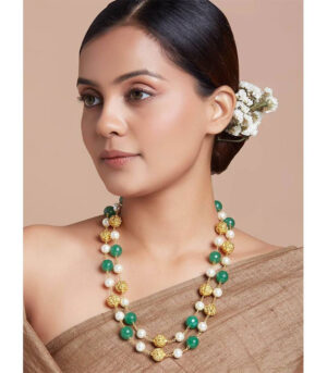 Gold Zari Threaded Necklace With Green Agate Beads And Shell Pearls