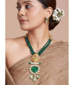 Green Necklace Set With Goddess Laxmi Temple Pendant