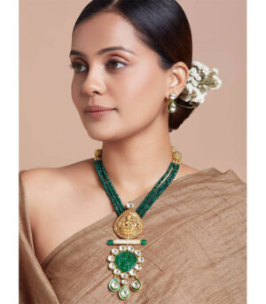 Green Necklace Set With Goddess Laxmi Temple Pendant