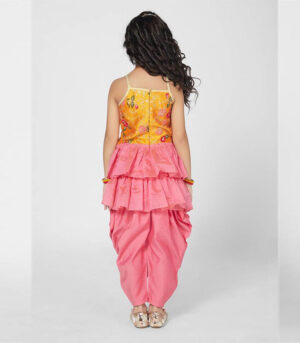 Trendy Yellow And Pink Dhoti Set With Dupatta For Girls