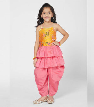 Trendy Yellow And Pink Dhoti Set With Dupatta For Girls
