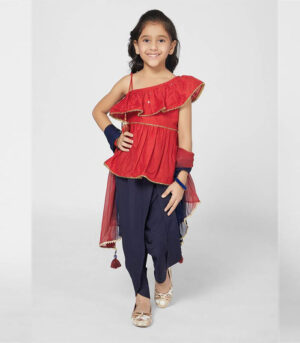 Chic Red And Navy Blue Dhoti Set With Dupatta For Girls