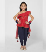 Chic Red And Navy Blue Dhoti Set With Dupatta For Girls