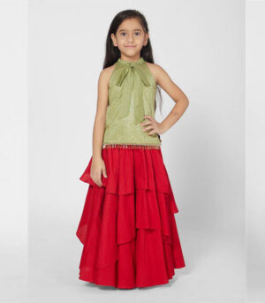 Gorgeous Olive And Red Lehenga Choli Party Set For Girls
