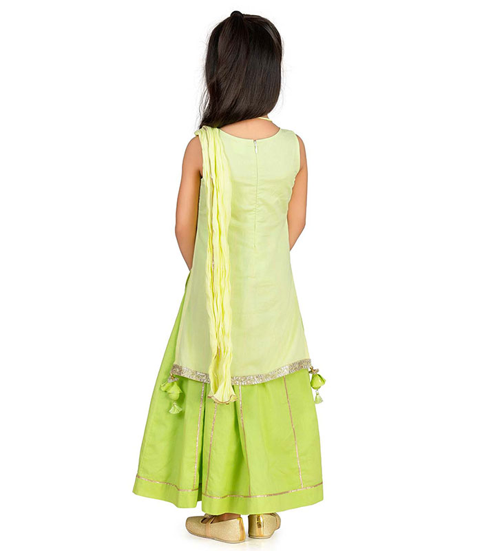 Lime Green Sleeveless Kurta With Lehenga And Dupatta Set