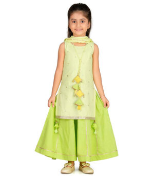 Lime Green Sleeveless Kurta With Lehenga And Dupatta Set