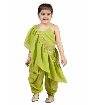 Girls Lime Green Wedding Choli And Dhoti Set With Ruffle Dupatta