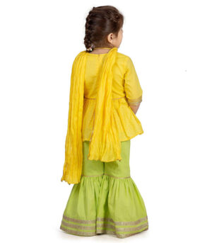 Girls Lime Green Sharara & Yellow Peplum Top With Dupatta Set