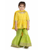 Girls Lime Green Sharara & Yellow Peplum Top With Dupatta Set