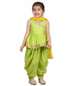 Girls Lime Green Top And Cowl Pant Set With Yellow Dupatta