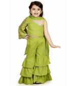 Girls Lime Green Bell Sleeved Top, Sharara Pants And Dupatta Set