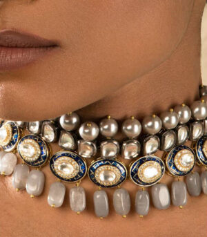 Charisma Enamelled Blue And Grey Kundan And Pearls Necklace And Earrings Set